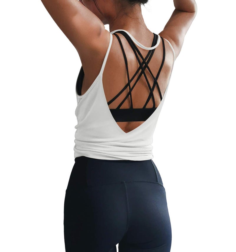 LEXISLOVE Womens Summer Workout Tank Tops Sexy Open Back Backless Yoga Shirt Activewear Workout Clothes Running Sports Gym Loose Cute V Neck Sleeveless Beach Tops White S - Image 2